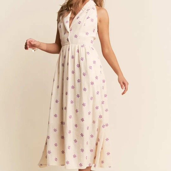 J.Nna Dresses & Skirts - NEW J.Nna Cream Floral Embroidered Collar Halter Midi Dress Smocked Back Size M
